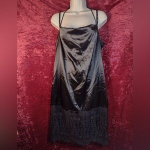 Charlotte Russe Black Satin Slip Dress Lace Trim Open Back - Sz L Holiday Party